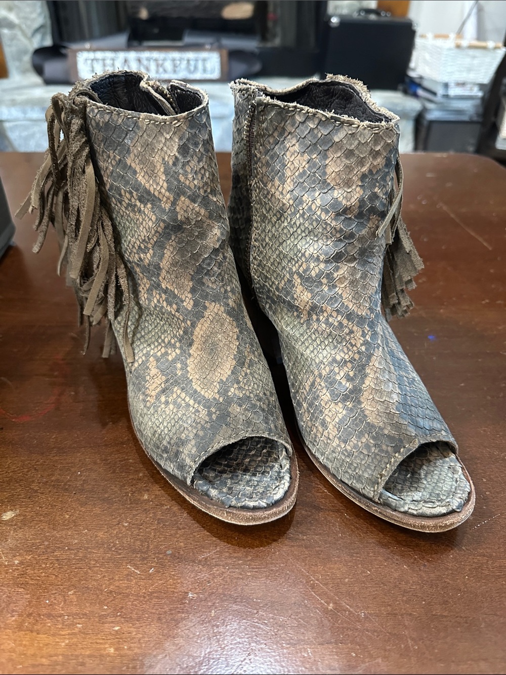 LIBERTY Black Snake-Print Fringe Peep-Toe Ankle Boots - Brown/Black